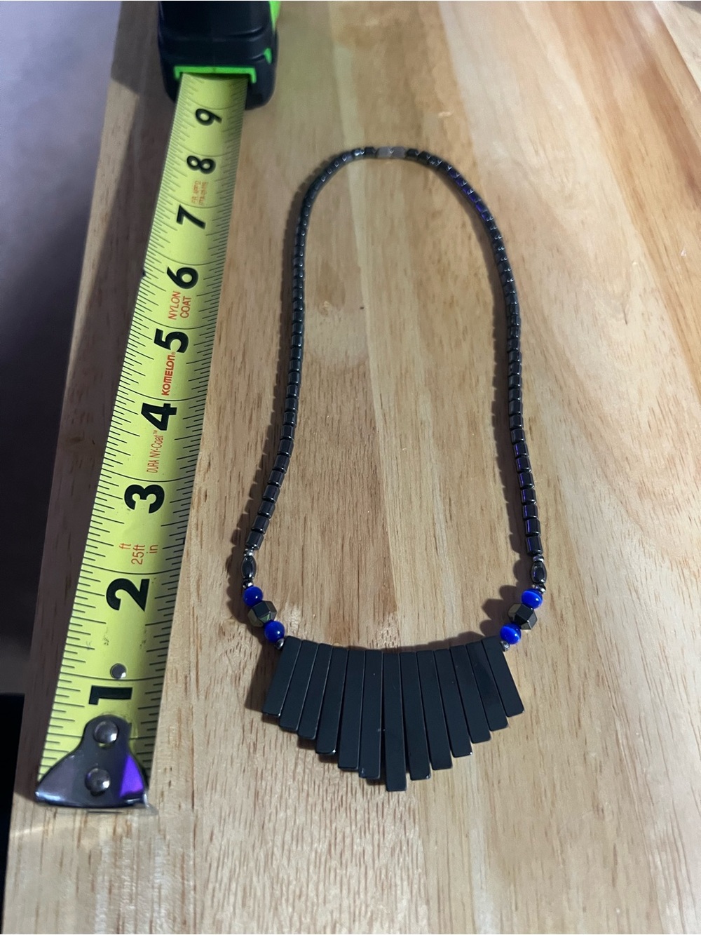 Black Hematite Fan Pendant Necklace with Blue Accent Beads N163
